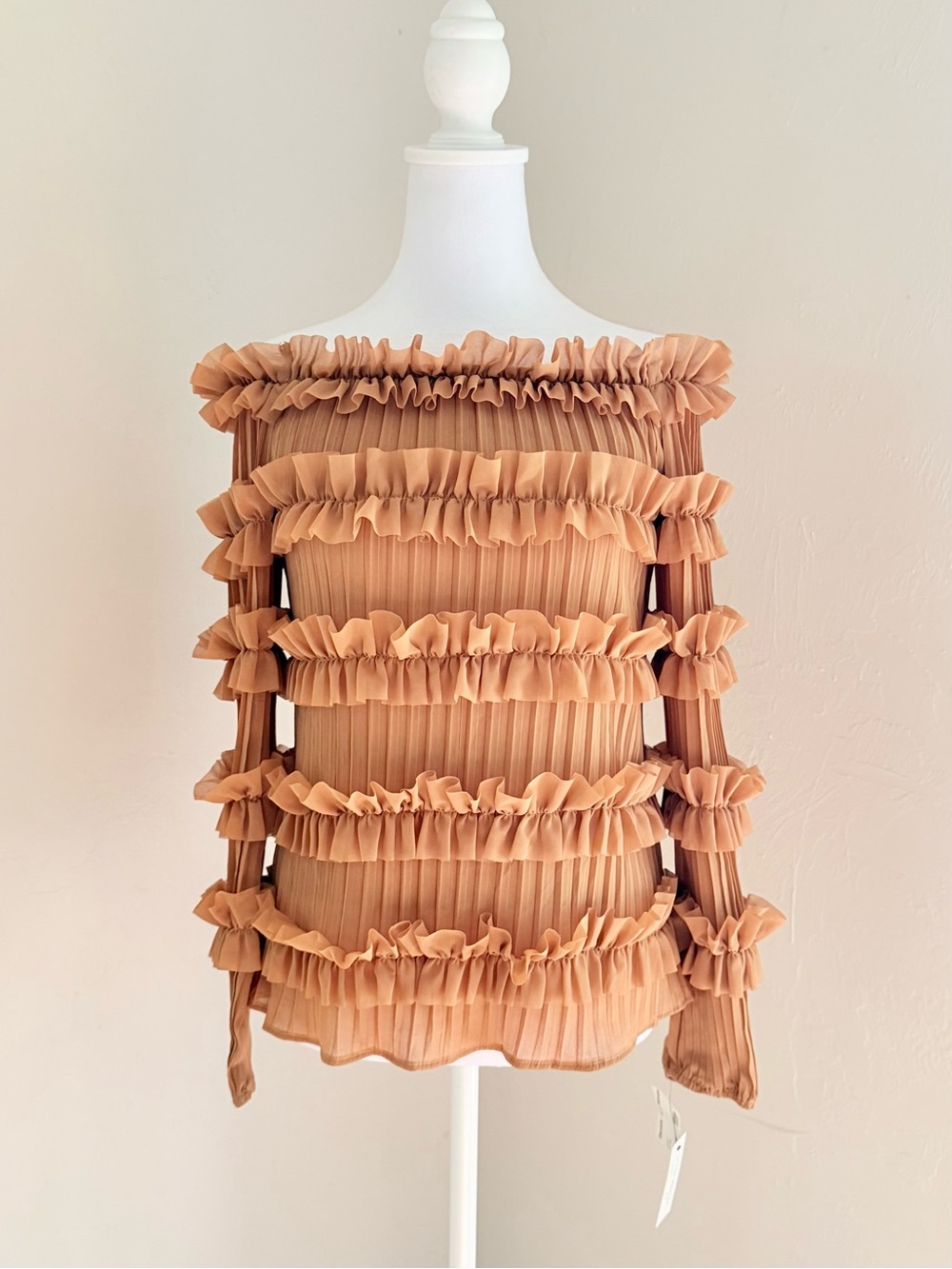 NWT AZI New York Ruffled Pleated Nude / Tan Long Sleeve Top XS